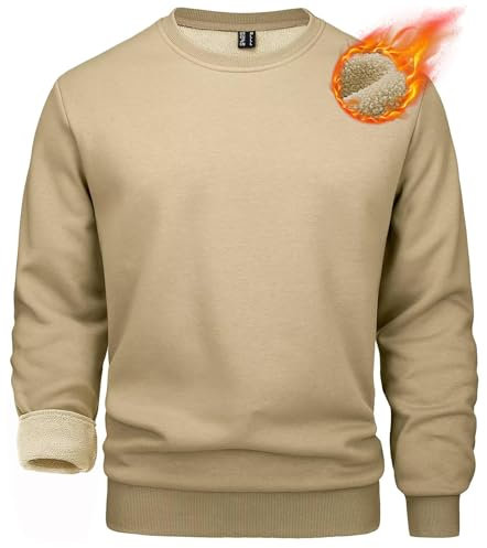 MAGCOMSEN Crewneck Sweatshirts Herren Fleece Funktionsshirt Warm Herbst Langarmshirts Herren Verdickt Bequeme Laufshirt Gefüttert Outdoorshirt für Hiking Arbeit Khaki XL