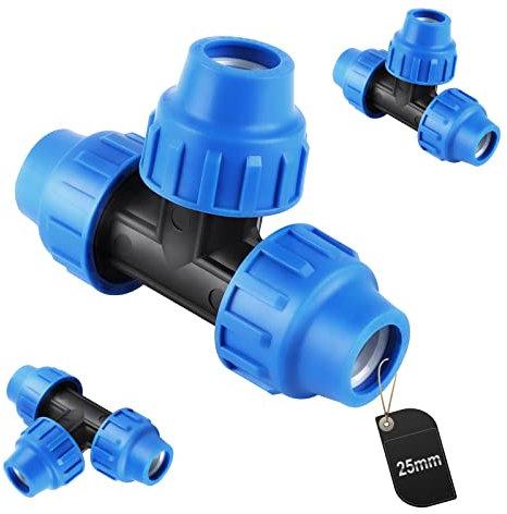 SWAWIS PP-Fitting Verschraubung für PE Rohr 25mm, T-Stück Kunststoff Kupplung Blau, 3 Stück