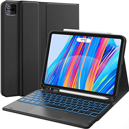 Earto Teclado para iPad Air 11 M3/M2, Teclado para iPad Pro 11 (4ª/3ª/2ª/1ª Gen) & iPad Air 5/4, 7 Colores Retroiluminados, 2 Canales BT, Touchpad Inteligente, Desmontable Teclado Español Ñ, Negro