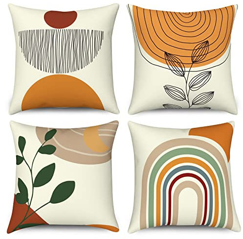 Kissenbezug Boho 50x50 4er Set, Hnmdmyi Abstraktes Blatt Regenbogen Sonne Mond Dekorative Kissenbezüge Landschaft Natur Minimalistische Moderne Kunst Ästhetische Leinen Kissenhülle für Sofa Home Decor