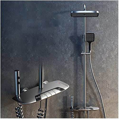 SWHC Regendusche Duschsystem, Duscharmatur mit Thermostat Verstellbare Duschstange LED 4 Funktionen Duschsystem mit Duschkopf Handbrause Bidet Handbrause Armatur Badewanne, Messing Grau