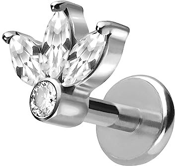 PIERCINGLINE Titan Labret mit Push Fit LOTUSBLÜTE Blume Piercing Ohr Conch Tragus Helix Silberfarben 1x8 mm