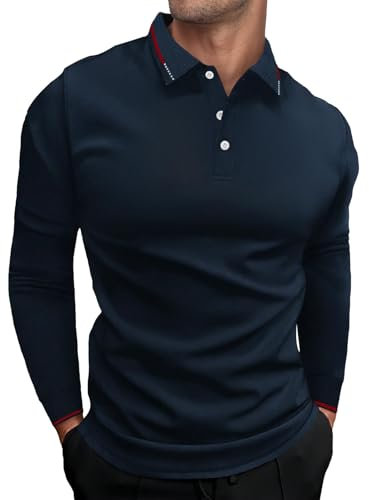 HMIYA Herren Poloshirt-Langarm Poloshirt aus Baumwolle atmungsaktiv Golf Casual T-Shirt,Navy,XL