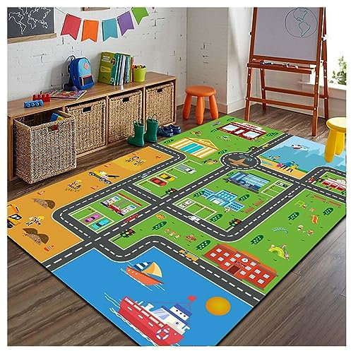 BYINGWD Rutschfester Teppich für Kinderzimmer, Spielmatte für Kindergarten-Klassenzimmer, Jungen-Mädchen-Stadtstraßenteppich für Schlafzimmer und Spielzimmer(Green-Rug,80×120cm)