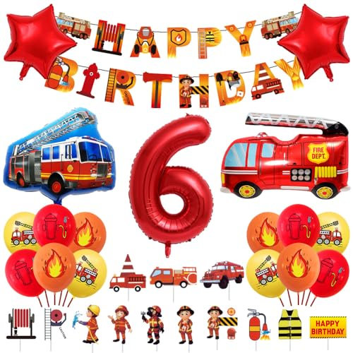 Geburtstagsdeko 6 Jahre Junge Feuerwehr Geburtstag Deko Feuerwehrwagen Folienballon Deko Kindergeburtstag Feuerwehrauto Luftballons Kuchendeko für Babyshower Jungen Party Dekoration