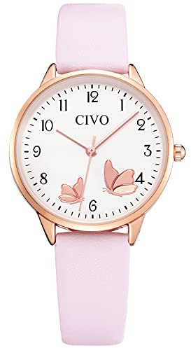 CIVO Damenuhr-Lederarmband Rosa Armbanduhr-Damen Analog-Quarz Elegant - Uhren Damen mit Zahlen Kleid Wasserdicht Mode Geschenke für Frauen