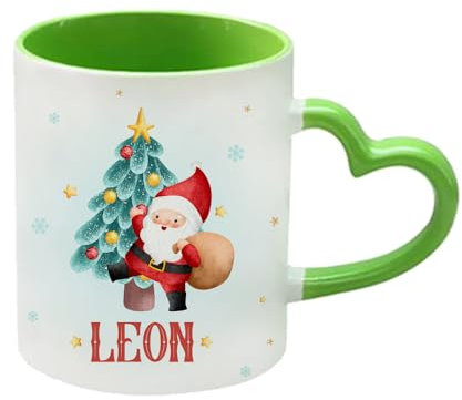 Getagift Personalised Christmas Santa Claus Mug, Christmas Tree Mug, Secret Santa, Heart Handle Coffee, Tea Mug. (Green)
