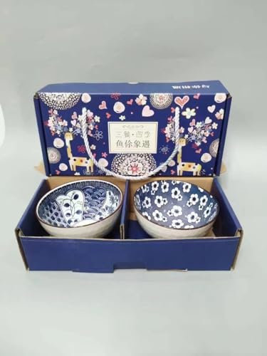 electromax Ceramic Serving Bowls, Chinese Rice Bowl with Gift Box, Japanese Pottery Bowls, Porcelain Serving Bowls for Rice, Soup, Dessert, Snack, 10oz/300ml, (2Pcs Set, Blue Pottery)