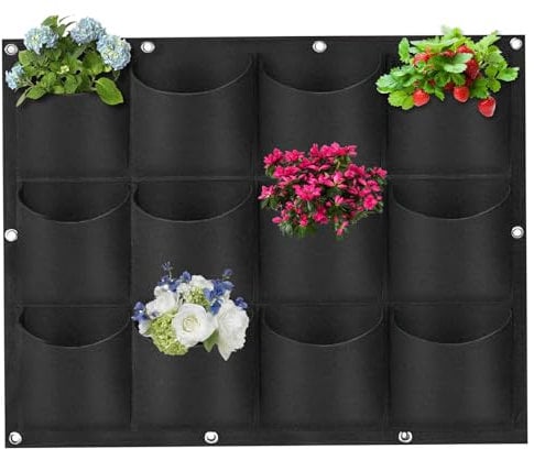 Hillylolly Pflanztaschen Hängend, 12 Taschen Pflanztaschen Wand, Pflanztaschen Vertikal, 80 x 60 cm,Pflanztasche Filz, Vertikale Garten Pflanzwand, für Gärten, Höfe, Balkone, Terrassen Dekoration