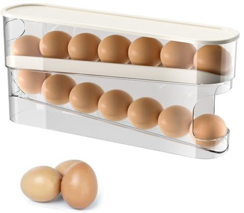 Gzsekken Egg Holder Egg Dispenser Fridge Roll Down Stackable with Lid Trays Container Box Holds 12 Eggs 2 Tier Storage Fridge Basket Rolling Holder for Kitchen Countertop Organizer (White)