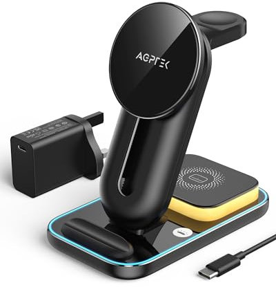 AGPTEK 3 in 1 Wireless Charging Station, Mag -safe Magnetic Charger for iPhone 16/15/14/13/12 Pro Max, Wireless Charger for Galaxy S24/S23/S22/S21/iPhone 11/10/8/iWatch AirPod, LED Light 18W Adapter