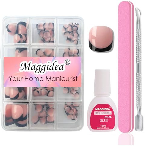Maggidea Press on Nails for Toe, 240Pcs Fake Toenails Black French Tip Pink Color False Nail Kit Glossy Full Cover with Glue on Nails Manicure for Girls Women Home DIY (French-04)