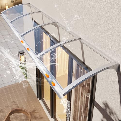 Vordach Überdachung Haustürvordach mit Regenrinne,Pavillion Türvordach Regenschutz Beständiger,Gebogene Fenster Markisen Aluminium Bügel und Transparente Platte Polycarbonat (150×600cm,Silver)