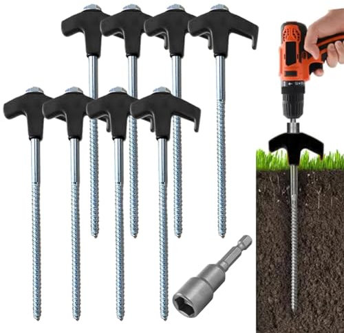 8 Metal Hex Socket Ground Anchor Stakes - Heavy Duty Black Tent Pegs, 20CM