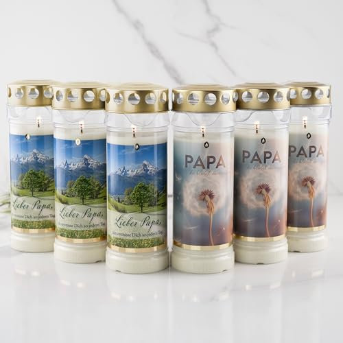 6er Set HOFER GRABKERZEN 7 Tage Brenndauer - Das Original [Papa Select] regenfest | Kerzen mit Deckel | Grablicht, Friedhofskerze mit Motiv und Spruch | Kerzen für Grabdeko