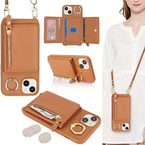ELTEKER Handyhülle für iPhone 14 Hülle mit Band Kartenfach Ringhalterung Geldbörse,Leder Klapphülle Umhängetasche Handytasche für iPhone 14 - braun
