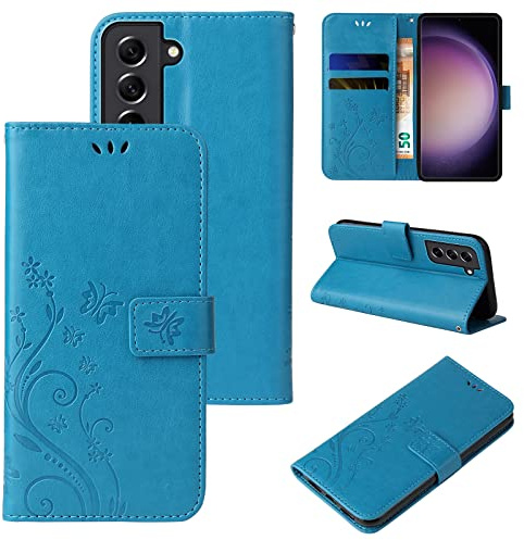 LBH Handy Hülle für Samsung Galaxy S23 FE Case Handytasche Schmetterling Blumen Flower Standfunktion Schutzhülle Magnet Rundum Schutz 360 Grad Flipcase Cover Blau