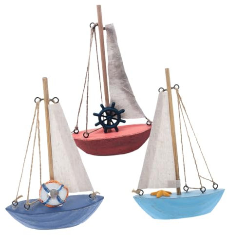 BELLIFFY Wooden Sailboat Ornaments Lightweight Portable Mediterranean Style 3pcs Miniature Sailing Boat Model with Cloth and Rope Details Nautical Decoration for Office Or Dining Table