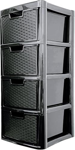 KYY'Z Plastic Storage Drawers Unit Large BLACK Rattan Effect 2|3|4 Drawers Tower Home Office Garage Storage School Multi-Purpose Modular Cabinet Drawers Storage Unit (Black Rattan Effect, 4 Drawers)