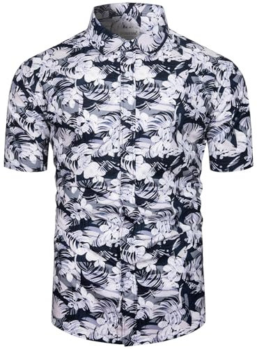fohemr Mens Floral Shirt Short Sleeve Flower Print Button Down Hawaiian Summer Shirt Paisley Pattern Cotton Navy Blue Small
