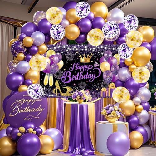 YinQin 63 Stück Lila Gold Glückwunsch Geburtstagsfeier Ballons mit Foto Hintergründe Banner Tuch Konfetti Ballon Lila Goldene Glückwunsch Geburtstagsfeier Dekorationen für Männer Frauen