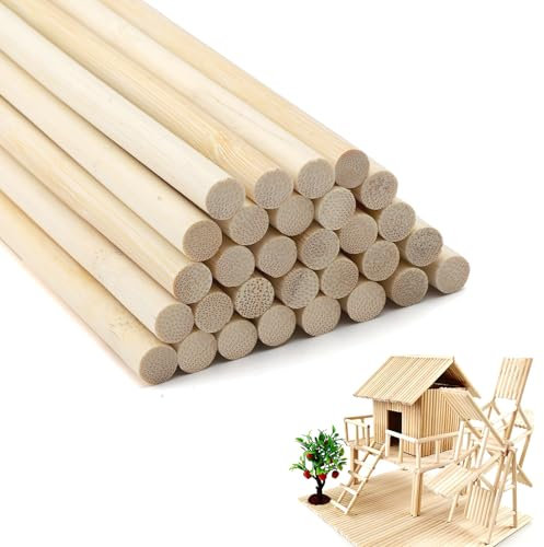 Lot de 30 bâtonnets en bois pour le bricolage, les baguettes rondes en bambou - Pour travaux manuels, modélisme, bricolage, artisanat et décoration (30 cm x 10 mm)