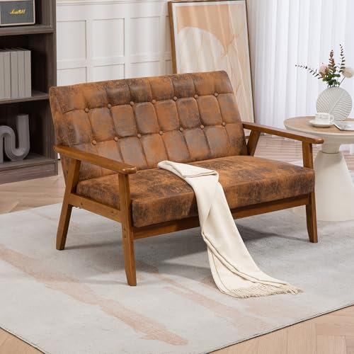 Jaxenor Sofa 2 Sitzer, Mikrowildleder Vintage Sofa Sessel, Lounge Sofa FüR KüChenbank Massivholzsessel FüR Wohnzimmer, Schlafzimmer Und BüRos, 114x73.5x75cm, Kaffee