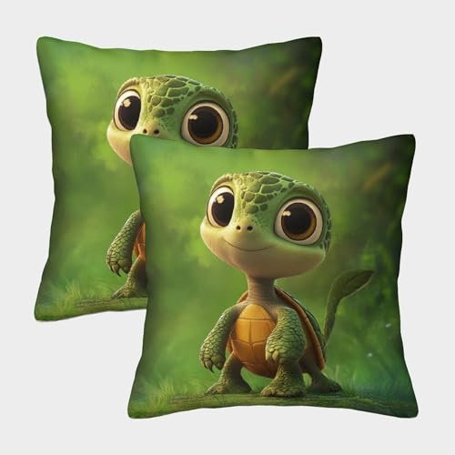 WENNUAN 2er-Pack 40x40cm Outdoor-Kissen,dekoratives Kissen,Cartoon-Schildkröte Kissenbezug,Grüner Hintergrund-Muster-Kissenbezug,geeignet Für Sofa,Innenhof,Wohnzimmer