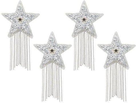 PATIKIL Star Rhinestone Patches, 4 Pcs Star Shape Iron on Applique Patches Rhinestone Applique Glitter Crystal Patches with Silver Tassel for Shoes Clothes Pants Bags, Silver Tone