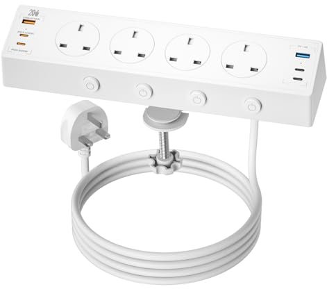 Desk Power Socket USB C 20W, 4 Way Desktop Socket Individually Switchable with 4 USB C and 2 USB A, Desk Extension Lead, Surge Protected Power Strip 2M for Home Office (White)