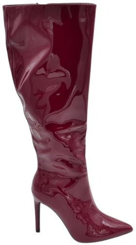 Stivale Alto Donna Bordeaux a Punta Lucido Vernice Effetto calzino con Tacco a Spillo Sottile 12 cm Aderente Zip Moda (38 EU)