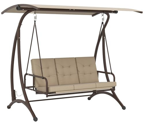 Outsunny Columpio de Jardín Exterior de 3 Plazas Balancín de Jardín Exterior Convertible en Cama con Toldo Ajustable Protección UPF30+ y Cojines Carga 330 kg 200x120x175 cm Caqui