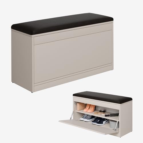 PLATAN ROOM Schuhschrank mit Sitzfläche 100 x 53 x 35 cm Schuhbank aufklappbar Sitzkommode Weiß Eiche Gold (Kaschmir)