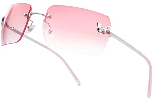 ALANTOP Y2K Rectangle Sunglasses for Women & Men - Rimless Tinted Lenses, UV400 Protection, Lightweight Comfort - Perfect for Driving & Street Fashion (Silver, Gradient Pink)