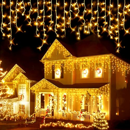 Guirnaldas Luces Navidad Exterior, 10M 336 LEDs Iluminación de Cascada Impermeables con 8 Modos, Fuente de Alimentación, Luces Cortina de Carámbanos, Hada de Decoración para Fiesta, Boda, Patio