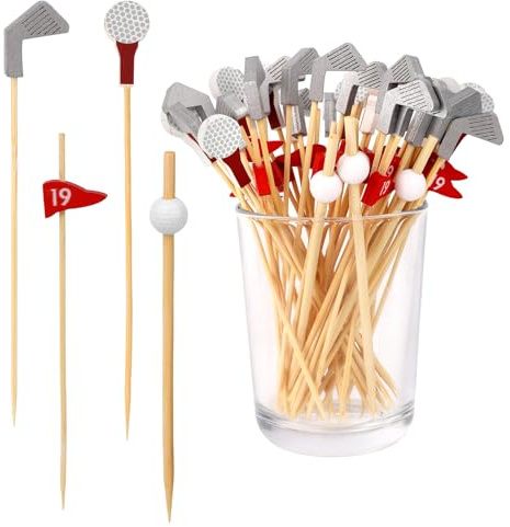 BOXOB 200pcs Golf Cocktail Picks, 4 Style Golf Theme Flag Tee Toothpicks Drink Stirrers Cake Decorative Cocktail Appetizer Picks Martini Skewers for Party Decorations Supplies