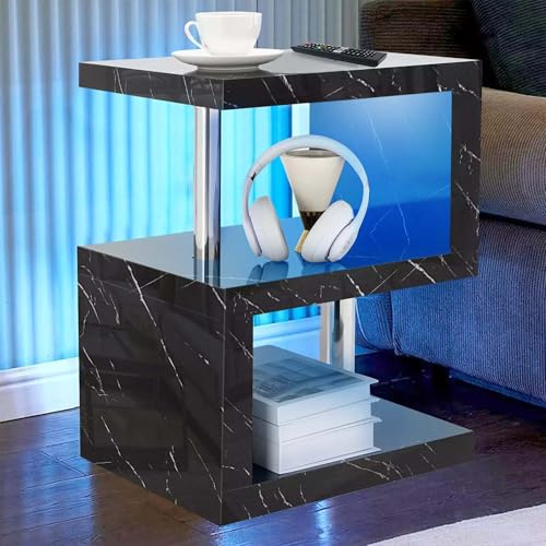 Comfy Living Abstract High Gloss LED Side Table, Modern S-Shaped Design 5 Colour Options (Black Marble)