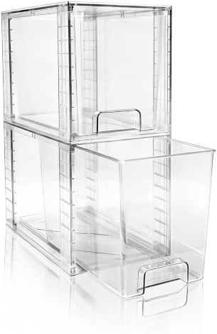 XWYWX 2er-Set Hohe Stapelbare Aufbewahrungsschubladen aus Kunststoff, 25 cm Hoch, Klar, für Bad, Hautpflege, Unterschrank, Küche, Vorratskammer, Schrank, Organizer mit Griffen
