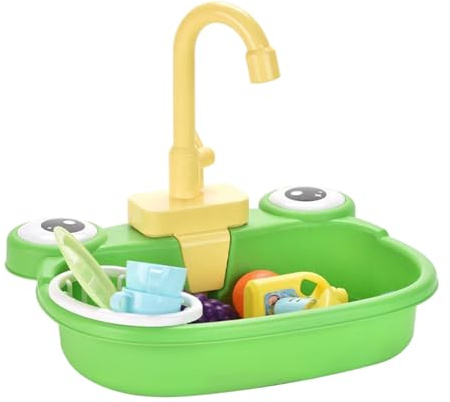 Fregadero para niños con Agua Corriente, Fregadero de plástico para Juegos de Rana con Grifo Giratorio de 180°, con Modelo de Juguete, Verduras, Frutas, vajilla, detergente y Cesta de Drenaje, niños