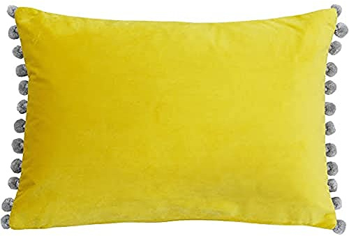 Paoletti Fiesta Rectangular Cushion Cover – Faux Velvet with Pompom Edges (Mimosa/Silver – 35 x 50cm)