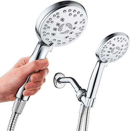 AquaSpa High Pressure 6-Setting Luxury Handheld Shower Head – Extra Long 6 Foot Stainless Steel Hose – Extra Large Face – Anti Clog Jets – Brass Connection Nuts – All Chrome Finish – Top US Brand