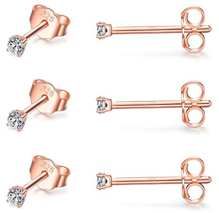 CERSLIMO Silver Stud Earrings for Women Men Girls, 3 Pairs Sterling Silver Tiny Cubic Zirconia Stud Earrings Small Dainty Cartilage Tragus Sleeper Earrings Set (2mm/3mm/4mm, Silver/Gold/Rose Gold)
