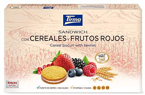 Tirma Sándwich de Cereales y Frutos Rojos 180g | Crujiente y relleno de crema de frutos rojos | Fuente de fibra | Ideal para desayunos, meriendas o llevar | Nutritivo, delicioso y práctico.