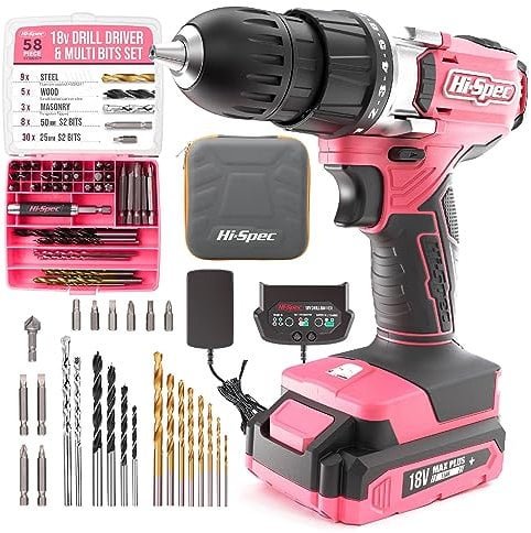 Hi-Spec 58pc 18V Pink Electric Cordless Power Drill Driver. Includes Rechargeable Battery, Power Screwdriver Bits, Wood, Metal, and Masonry Drill Bit Set Accessories. in a Compact Case