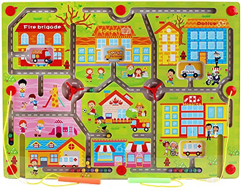 ZoneYan Magnetspiel Stadtlabyrinth, Magnet Labyrinth, Magnetspiel Holz Labyrinth, Labyrinth Magnet für Kinder über 3 Jahren, Ausbildung Visuelle Verfolgung und Feinmotorik