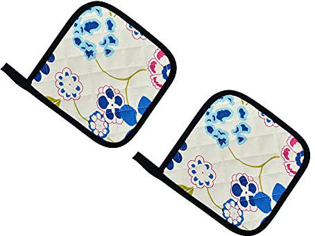FenixDepot 2 Pot Holders Heat Resistant Non-Slip Oven Pads, 100% Cotton, suitable for Grilling, Cooking, Baking, Microwave - Set of 2 (Floral White)