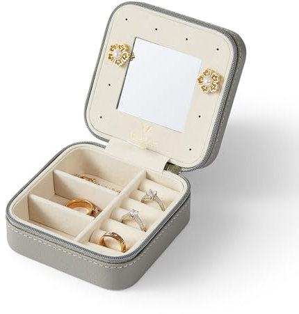 Vee Small Travel Jewellery Box Organizer Display Storage Case for Rings Earrings Necklace With Mirror for Bracelets, Earrings, Rings Gift for Girls, Women, Mother, Daughter