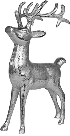 MichaelNoll Hirsch Dekoration - Stehend - Rentier Aluminium Metall Silber - Figur Statue Dekofigur - Deko für Wohnzimmer, Küche, Schlafzimmer - Weihnachten Winter - Hirschgeweih Dekoration XL 38 cm