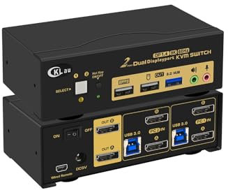 CKLau 2 Port USB 3.0 Dual Monitor KVM Switch Displayport 1.4, Display Port KVM Switch 2 Monitors with Audio and Cables Support 4K@144Hz, 8K@30Hz