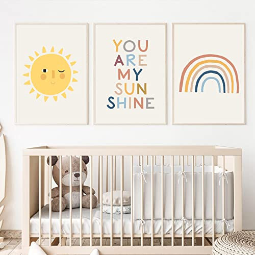 You Are My Sunshine Wandkunst, 3-teilig, Boho-Kinderzimmer, Wandkunst, Regenbogenkunst, Wanddekoration, Kinderzimmer, Kinderzimmer, Bilder für Baby, Mädchen, Zimmerdekoration, 40,6 x 61 cm, ungerahmt